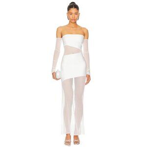 Lama Jouni Long Sleeve Cut Out Mesh Dress in White XX-Small New Womens Maxi